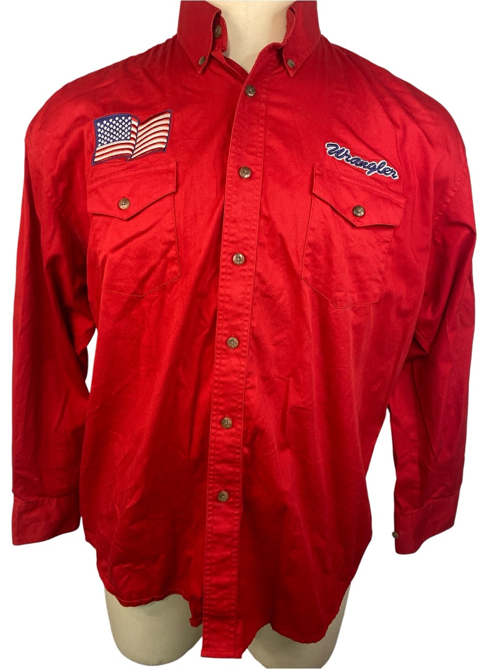 Wrangler Bright Red Western Button-Up Shirt with Flag Patch Men’s XL